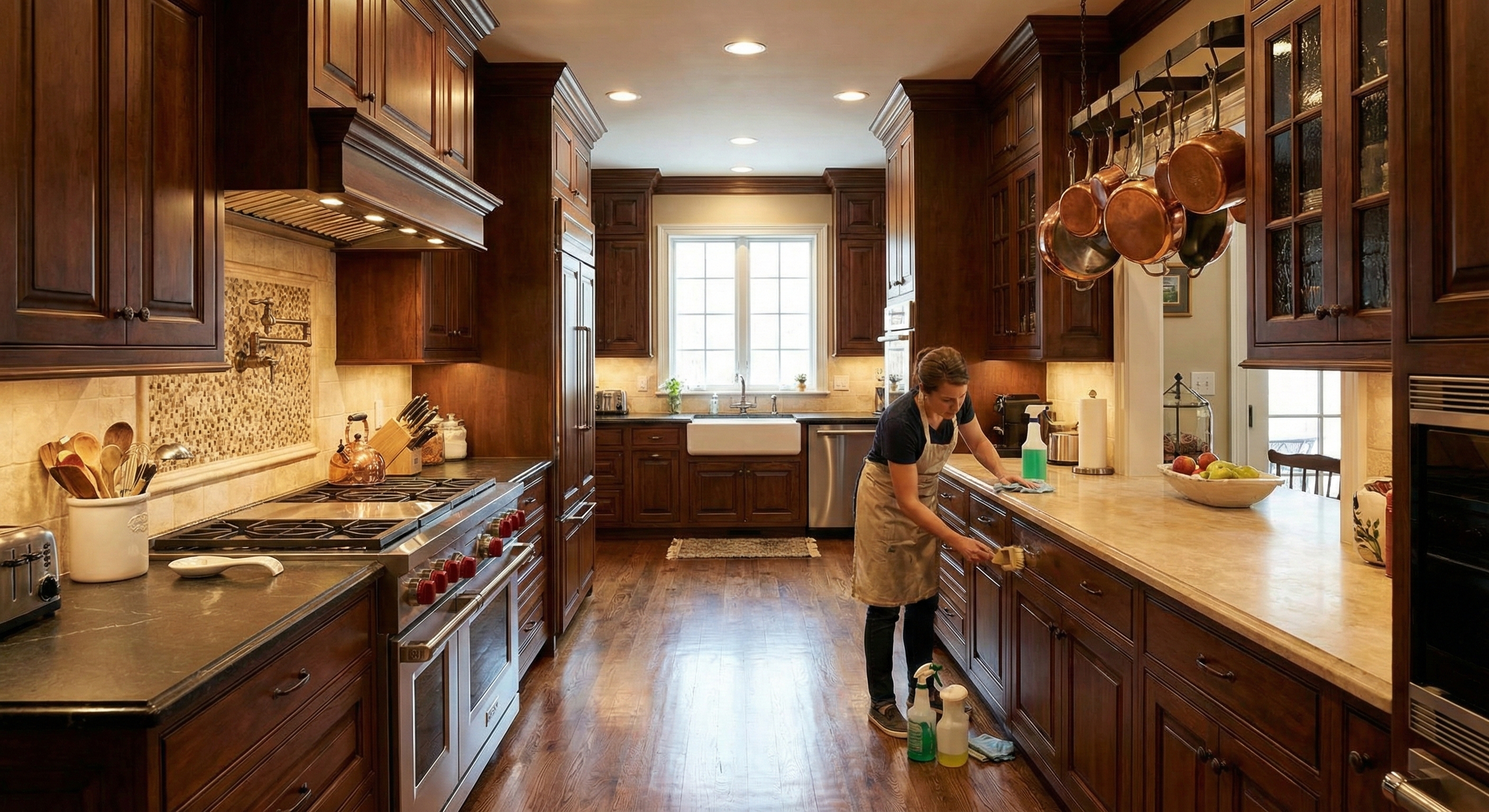 Professional deep cleaning a kitchen with detailed attention to cabinet fronts