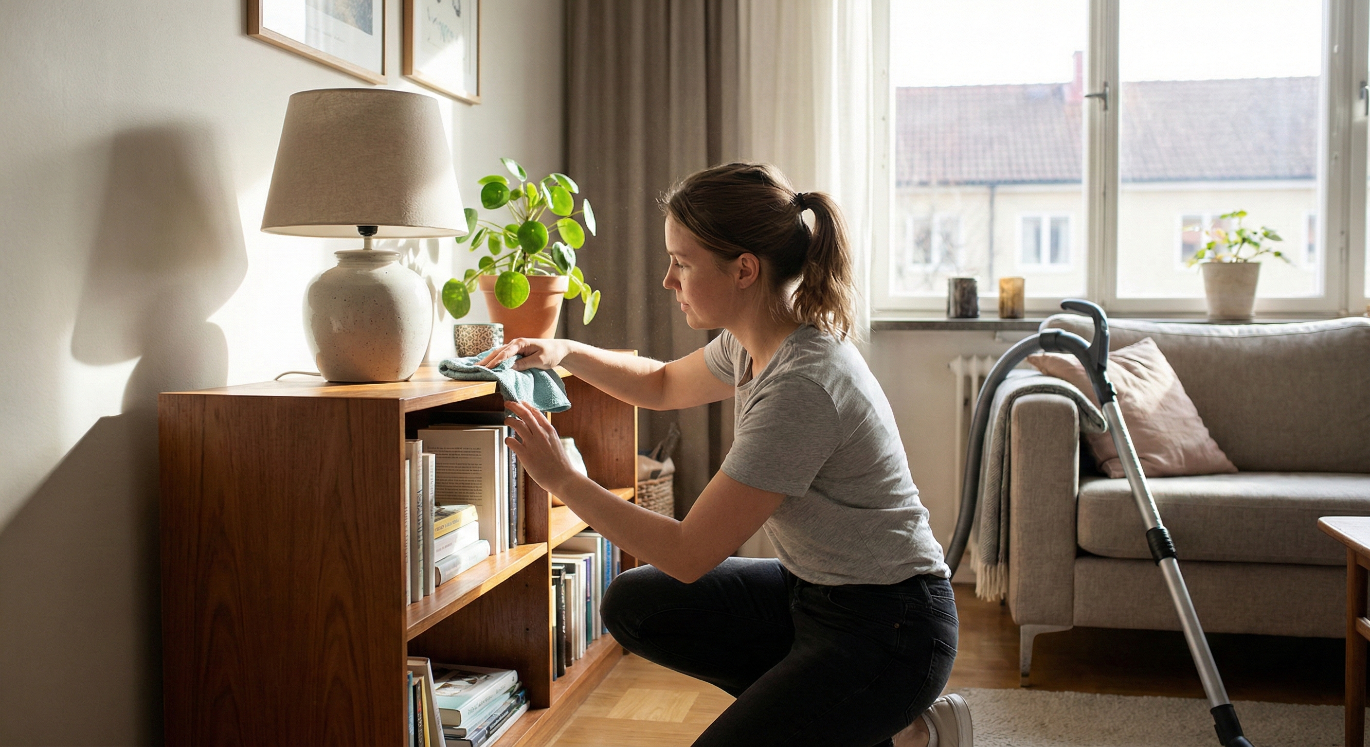 Empty living space with gleaming floors and clean baseboards