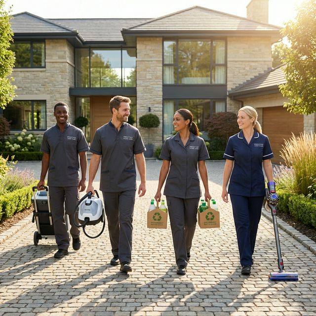 Professional cleaning team arriving at home in uniforms